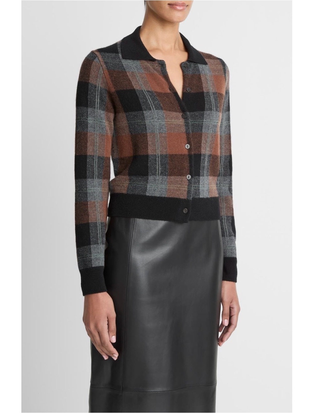 Vince Cashmere Check Plaid Cardigan in CACAO / HEATHER PEWTER / BLACK Size M - Picture 3 of 8